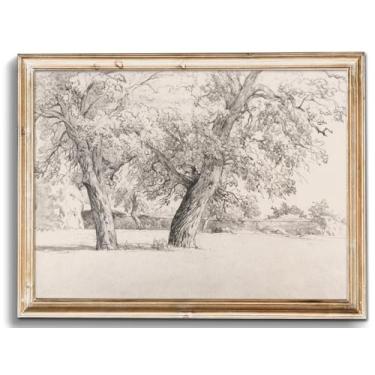 Imagem de Uniro Arte de parede vintage neutra para decoração de casa, paisagem de fazenda, desenho de esboços de árvores, decoração de parede, impressões em tela de natureza rústica, antigo, paisagem neutra