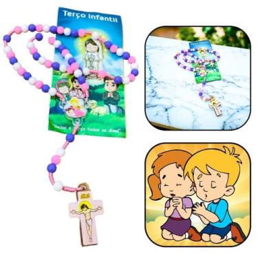 Imagem de Terço infantil para crianças rosa no cordão com folheto - FORNECEDOR 1