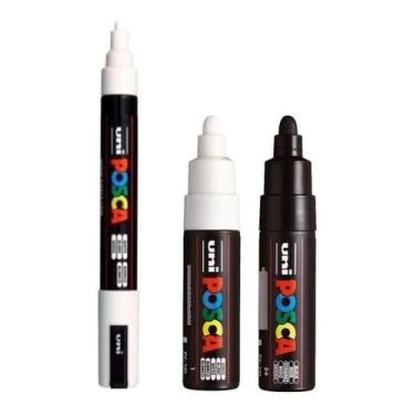 Imagem de Kit 3 Caneta Posca PC5M Branca e PC7M Preta e Branca Uni