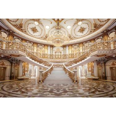 Imagem de Baocicco Palácio retrô de 3,7 x 3 m para fotografia, dourado, corredor, escada, lustre de luxo, mural de teto, fotografia de fundo, sessão de fotos de casamento, decoração de estúdio de fotógrafo de