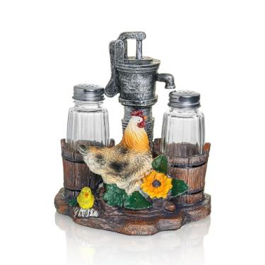 Imagem de Conjunto rústico de saleiro e pimenteiro - dispensador de sal e pimenta com poço de galinha de resina e suporte de estátuas - decoração de cozinha de fazenda com potes de tempero de vidro