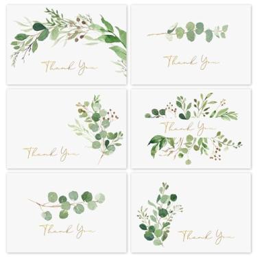 Imagem de Whaline Greenery Thank You Cards Bulk Pacote com 36 cartões de eucalipto de folha dourada com envelopes adesivos verão folhas verdes cartões de notas em branco para casamento, bebê, chá de panela,