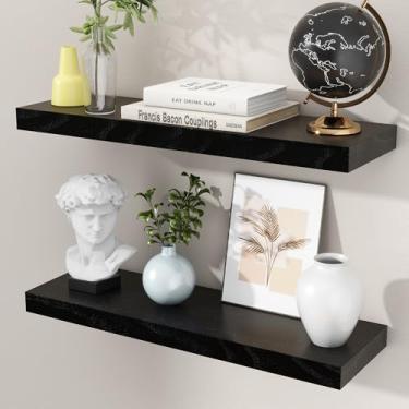 Imagem de Prateleiras flutuantes pretas para parede, prateleiras de parede de madeira maciça de 60 cm, prateleiras de borda de exibição de parede para quarto, banheiro, sala de estar, cozinha, decoração de
