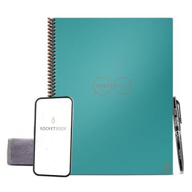 Imagem de Caderno inteligente reutilizável Rocketbook – Caderno ecológico forrado com 1 caneta Pilot Frixion e 1 pano de microfibra incluído – Capa Neptune Teal, tamanho carta (21,5 x 28 cm)