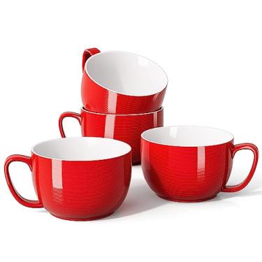 Imagem de Teocera Conjunto de canecas de café grandes de porcelana, canecas jumbo, tigelas de sopa com alças, 700 ml para café, cacau quente, cereal, conjunto de 4, vermelho