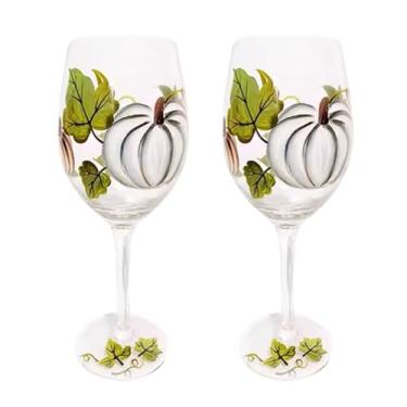 Imagem de Yuthsona 2Pcs Taças de Abóbora Pintadas À Mão Outono Ação de Graças Taça de Vinho Outono Decoração de Mesa Outono Taças de Vinho de Outono com Haste para Anfitriã de Ação de Graças(Em Geral Abóbora-C)