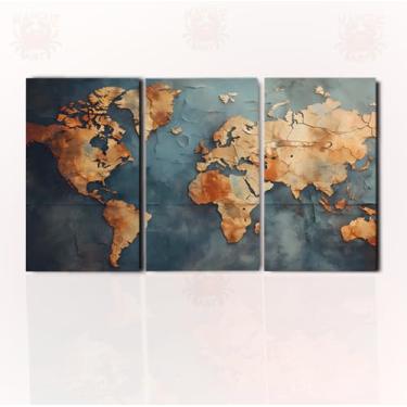 Imagem de Quadro Mapa-Múndi Triplo Vintage - Decoração em Tela Acetinada, Tons Terrosos e Azuis, Pronto para Pendurar (60x30cm)