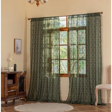 Imagem de Cortinas de renda boêmias verdes 274 cm de comprimento 2 conjuntos de painéis cortinas transparentes de crochê retrô para sala de estar, quarto, borlas, cortinas de tratamento de janela de teto alto
