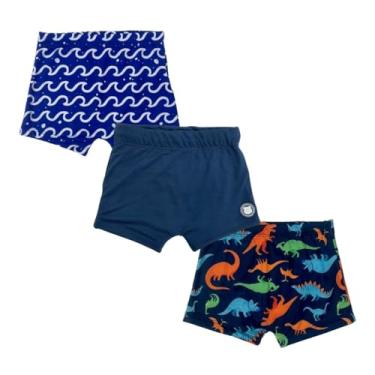 Imagem de Kit 3 Sungas Boxer Lisa E Estampada Verão Praia Piscina (BR, Numérico, 8, Padrão, Ondas Royal M79 + Dino Color Fundo Marinho M76 + Marinho 04)