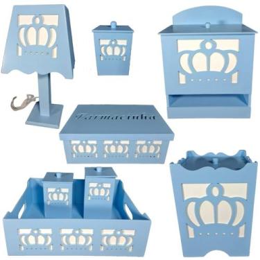 Imagem de kit higiene bebe mdf decorado 8pçs - COROA AZUL BB - Flores para Maria