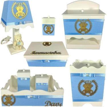 Imagem de Kit farmacinha Higiene bebê Mdf 8 pçs - AZUL BB COM BOLINHAS DE URSINH