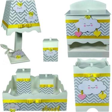 Imagem de Kit Higiene bebê Mdf unissex 7 pçs - CHUVA DE AMOR CHEVRON CINZA AMARE