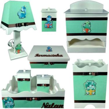 Imagem de Kit Higiene bebê Mdf 8 peças Dinossauro Verde claro bb - Flores para M