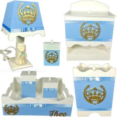 Imagem de Kit Higiene bebê Mdf decorado 7 pçs - AZUL BB COM BOLINHAS DE COROA - 