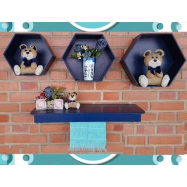 Imagem de Kit Nichos Colmeia Prateleira com Varão MDF - AZUL MARINHO - Flores pa