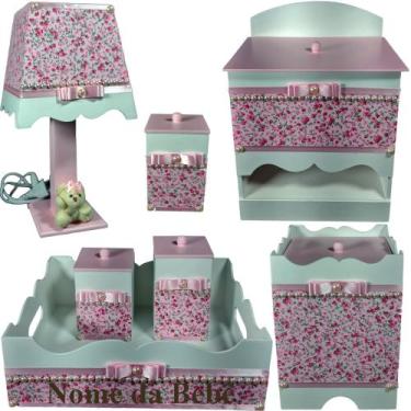 Imagem de Kit de Higiene de bebê Mdf quarto menina 7 pçs - Jardim tampas rosa e 