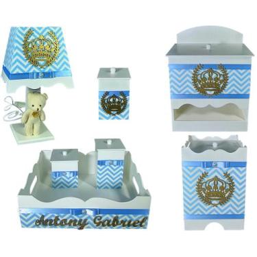 Imagem de Kit Higiene bebê Mdf decorado 7 pçs - CHEVRON AZUL BB COROA - Flores p