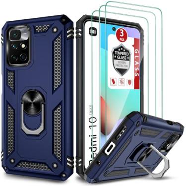 Imagem de Capa para Redmi 10 2021, Redmi 10 Prime, Capa Redmi 10 2022 de 6,5 polegadas, com 3 peças de protetor de tela de vidro temperado, suporte de anel embutido, capa de plástico TPU de camada dupla à prova