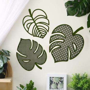 Imagem de Lineshading Decoração de parede de madeira com palmeira de vime, 3 peças, folha de Monstera, arte boho de madeira, planta tropical, decoração de parede de ratã para casa de banho (verde)