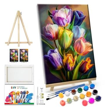 Imagem de JOOZ Kit de pintura por números para adultos, flores, pintura por número, com moldura, pintura floral por número, com cavalete tulipa digital, kits de pintura a óleo para presente, decoração de parede