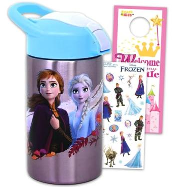 Imagem de Disney Garrafa de água Frozen de 440 ml ~ Pacote de 3 peças com garrafa esportiva recarregável de aço inoxidável congelado, adesivos Frozen e mais