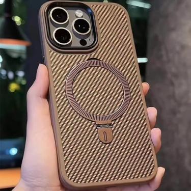 Imagem de Capa de telefone com suporte de fibra de carbono de titânio dourado para iPhone 16 15 14 13 Pro Max, capa traseira rígida à prova de choque com carregamento magnético, titânio dourado, para iPhon