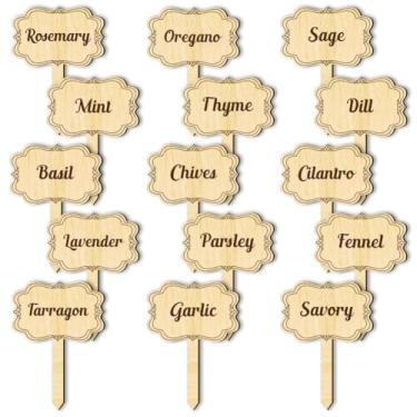 Imagem de arricraft 15 etiquetas de plantas de ervas, marcadores de madeira, etiquetas tipo T, etiquetas de jardim com nome de erva impresso, estacas de jardim de madeira para ambientes internos e externos
