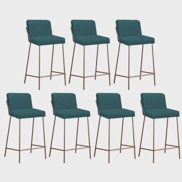 Imagem de Kit 07 Banqueta Alta Com Encosto Drika Industrial Cozinha Bistrô Ferro Bronze Suede Azul Turquesa - Ahz Móveis