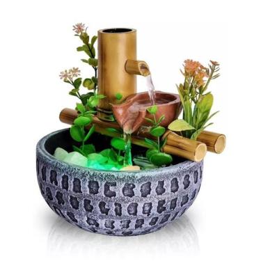 Imagem de Fonte Agua Cromoterapia Decorativa Mesa Cascata Bambu Resina - NoBrand