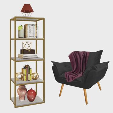 Imagem de Kit Poltrona Fatte com Manta Soft Bordô e Estante Livreiro Ferro Dourado mdf Marmorizado Cinza Suede Preto - Ahazzo Móveis