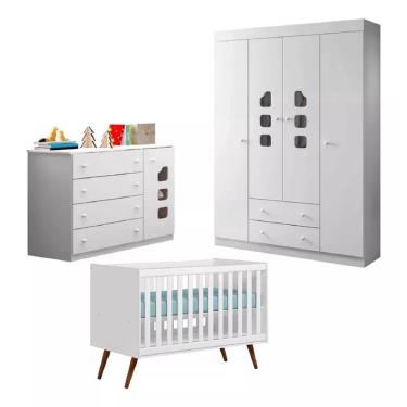Imagem de Jogo De Quarto Bebê Com Guarda Roupa 4 Portas Comoda Sapateira e Berço Retrô - Móveis Leartam
