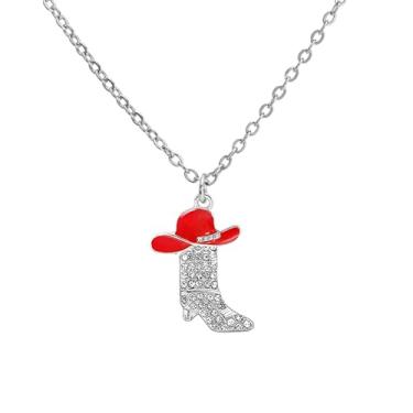 Imagem de coadipress Colar feminino com pingente de botas de cowgirl ocidental, cristal, strass, chapéu, boho, rodeio, bota, berloque, joia country, Middle, Liga de aço, Sem Pedra Preciosa