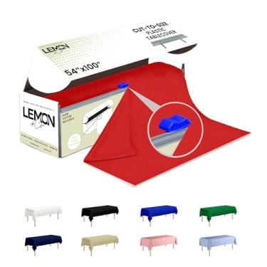 Imagem de LEMON + Co. Rolo de toalha de mesa de plástico premium vermelho - 137 cm x 100 pés para festas com caixa cortadora - toalha de mesa retangular e redonda descartável de plástico