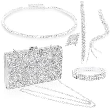 Imagem de ACO-UINT Conjunto de joias de strass com 5 peças de bolsa clutch para mulheres, colar de formatura, brincos, pulseira, anel com glitter, joias formais para mulheres para uso noturno, Metal, Strass