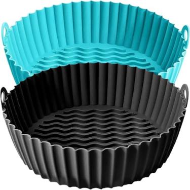 Imagem de FROVEN Forros de fritadeira a ar de 20 cm para Ninja AF101 AF150 AF161 XL (pacote com 2) forros de silicone preto e ciano com alças para fritadeiras a ar COSORI Instant Gourmia e mais – inserções