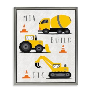 Imagem de Stupell Industries Arte de parede em tela flutuante com moldura cinza Mix Build Dig Trucks, design de Elizabeth Tyndall, 25 x 31