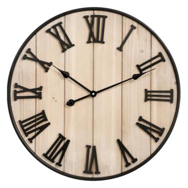 Imagem de MODE HOME Relógio de parede grande de madeira rústica, relógio de parede de fazenda de 61 cm com algarismos romanos esculpidos, relógio vintage redondo silencioso operado por bateria para sala de