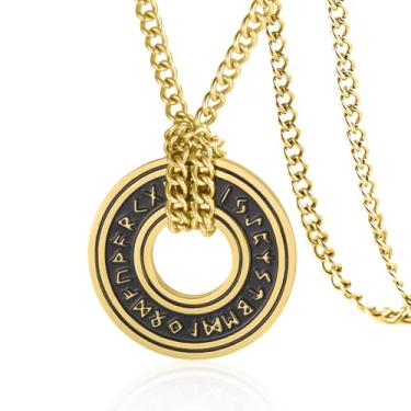 Imagem de VASSAGO Colar vintage nórdico viking runes, corsair rúnico ancião futhark anel círculo talismã pingente corrente de couro, joias de presente viking para homens e mulheres, Aço inoxidável, Sem Pedra