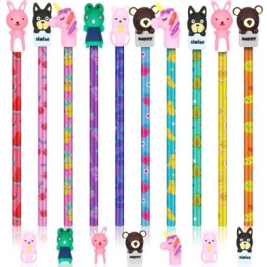 Imagem de Glenmal 100 lápis perfumados para crianças com aroma de frutas de animais HB grafite com 100 peças de topo de lápis de desenho animado de silicone para animais, presente para escola, escritório, sala de aula, festa, suprimentos de recompensa