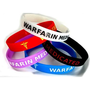 Imagem de 5 x Pulseira Medicada WARFARIN Alerta de Aviso Médico Brilha no Escuro, Vermelho, Preto, Roxo, Azul, Anticoagulante