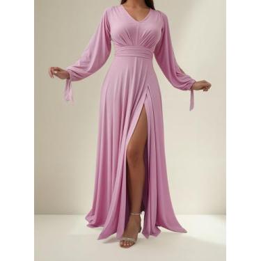 Imagem de Vestido Longo Festa Madrinha Manga Aberta Com Fenda E Decote - Casual 