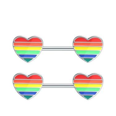 Imagem de Kokoma Anéis de mamilo de coração arco-íris 14G para mulheres, aço inoxidável, colorido, esmaltado, gato, escudo de mamilo, anéis de língua reta, joias delicadas para piercing corporal, 14 Gauge, Aço