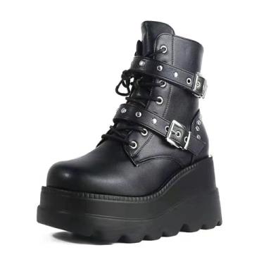 Imagem de NEJKG Botas femininas góticas punk, preta, bico redondo, cadarço, combate, salto anabela, casual, todas as estações, Preto, 41