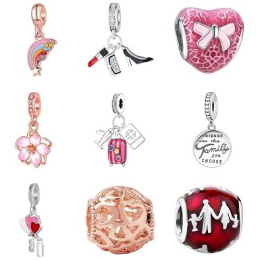 Imagem de 9 peças pingentes europeus de contas para pulseira Pandora, berloques, pulseiras faça você mesmo, colar, joias, presente para aniversário, dia dos namorados, Natal, dia das mães, coração, borboleta