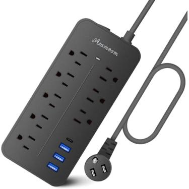 Imagem de Asamoom Cabo De Extensão De Proteção Contra Surtos De 20 Pés Com Usb C, Régua De Energia De Plugue Plano Com Cabo Longo, 8 Tomadas E 3 Portas Usb A E 1 Usb-C, Régua De Energia De Mesa De Montagem Em