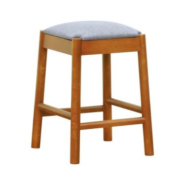 Imagem de Banco Baixo Amber Madeira Maciça - Amêndoa Assento Estofado Linho Cinza Mescla Impermeável