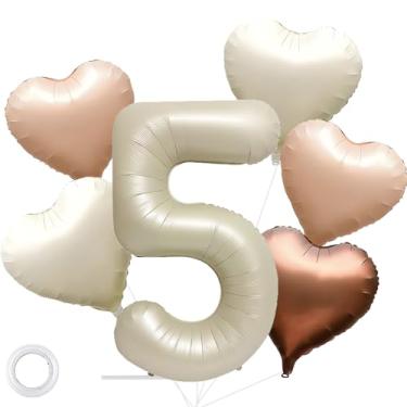 Imagem de 101,6 cm, branco creme, número 5, balões de aniversário, branco leitoso, grande, hélio, número Mylar, balão com 5 peças de balões de coração para decoração de 5 anos de aniversário de menina e menino