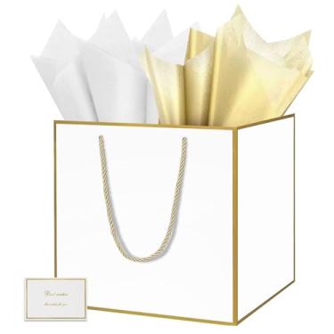 Imagem de HONTIUS Sacola de presente extra grande de 29 cm, gigante quadrada GG branca para presente de dama de honra com papel de seda e cartão para presentes de aniversário de casamento, presentes de Natal