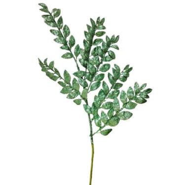 Imagem de Galho Haste Folhagem Natalina Decorativa Verde Glitter Brilhante 45cm 