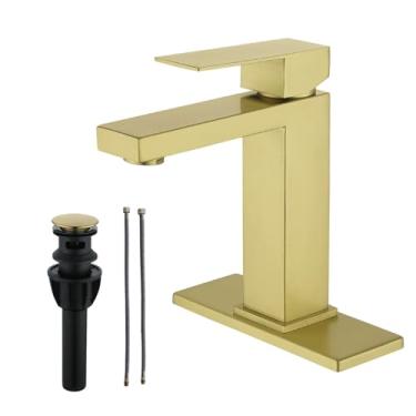 Imagem de BARROCK Torneira de banheiro dourada e rolha de drenagem pop-up com transbordamento, torneiras de pia de banheiro de alça única de aço inoxidável com mangueiras de abastecimento de água e placa de